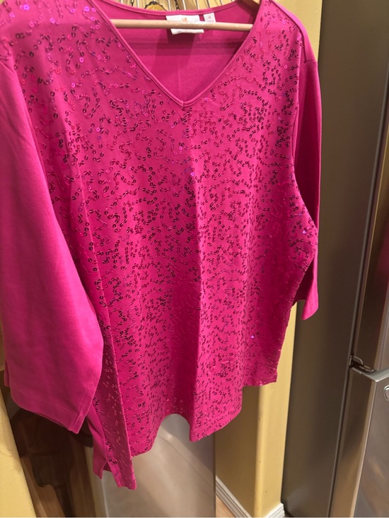 Quacker Factory Tops - Quacker Factory Hot Pink Sequin V-Neck Pullover